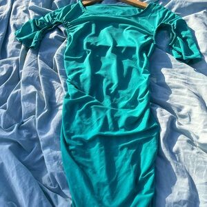 Teal blue 3/4 sleeves/ off the shoulder mesh vacation dress with open back